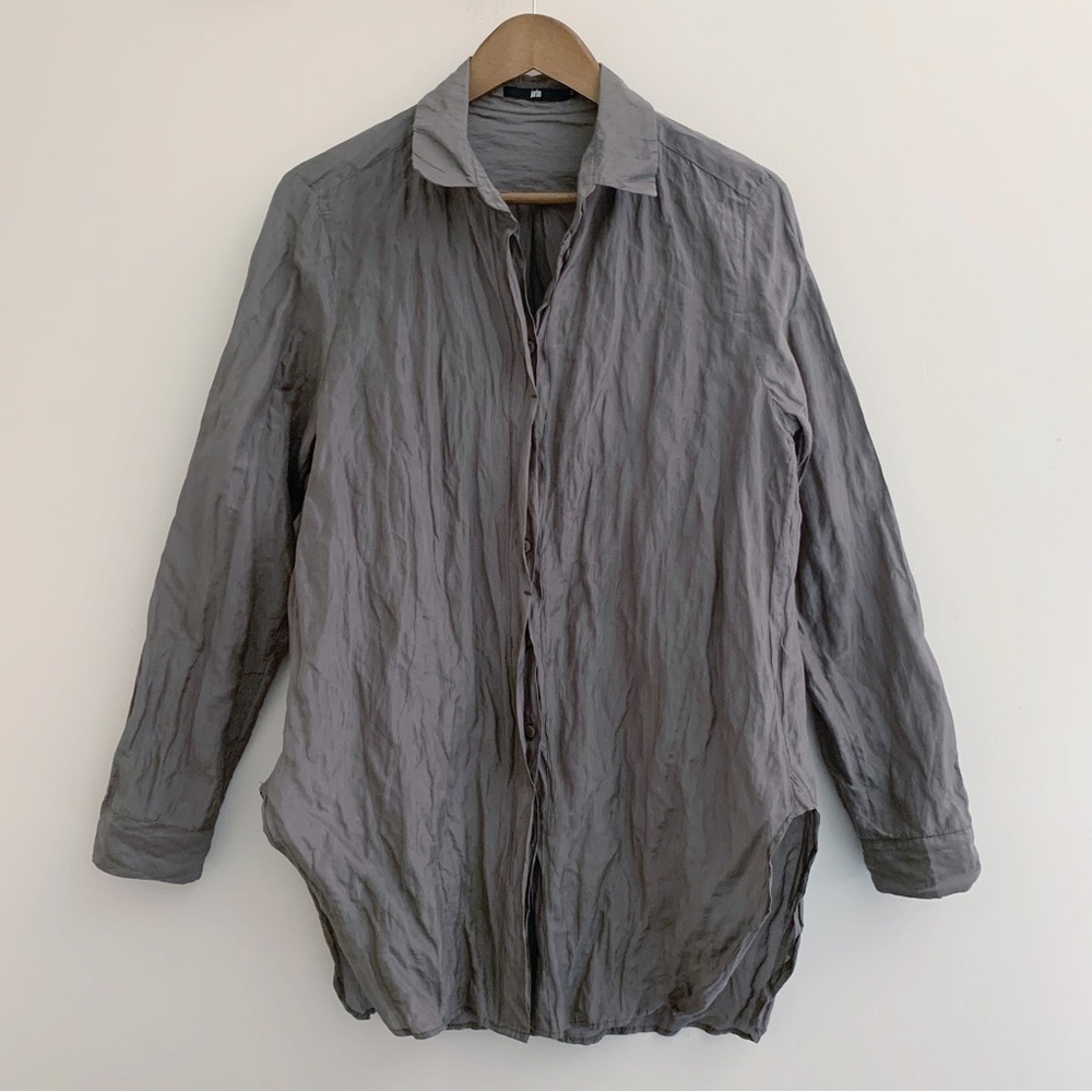 Jarbo Grey Crinkle Lagenlook Button Front Shirt Sz 2 US 6 Minimalist